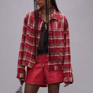 NWT R13 Relaxed Pleated Trucker Jacket - Red plaid